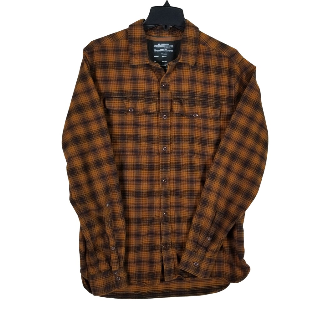 REI Co-op Flannel Shirt Mens Medium Tall Orange Brown Plaid Long Sleeve Cotton